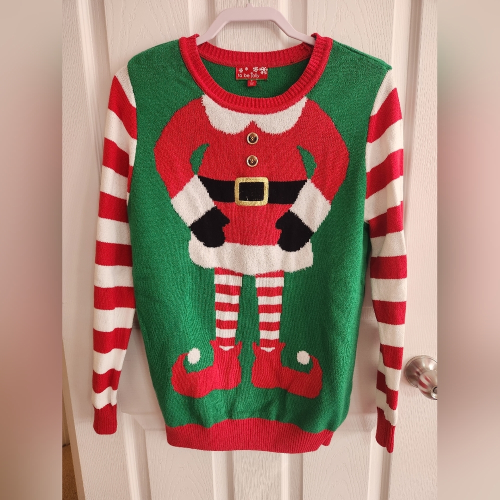 M Elf Green, Red, and White Christmas Sweater